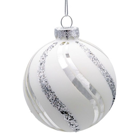 [086131823299] 80MM GLASS WHITE GLITTER SWIRL BALLS 6PC.