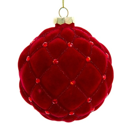 [086131822209] 4"GLASS RED FLOCKED QUILT BALL ORN.