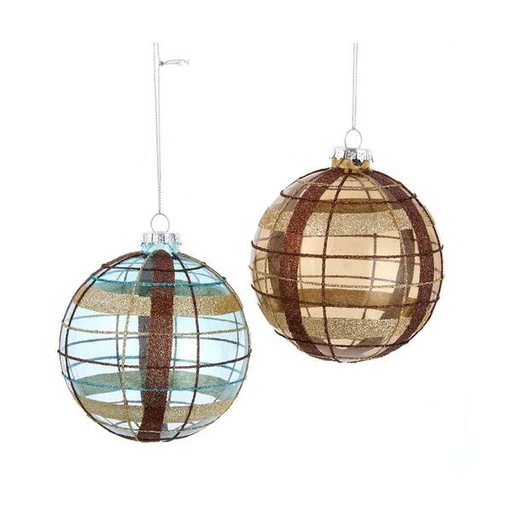 [086131821547] 100MM CLEAR BROWN & BLUE GLITTER PLAID BALL GLASS INDIVIDUAL