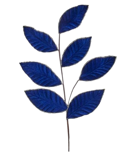 [086131684029] 26"BLUE VELVET LEAF SPRAY W/GOLD GLITTER.