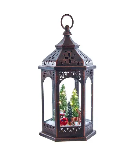[JEL1106] 13"BRONZE LANTERN W/LIGHTED TREESANTA DECORATION. 