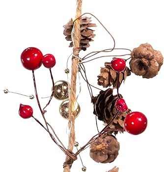 [086131663659] 6LIGHTED PINECONE RED BERRY GARLAND W36L SILVER