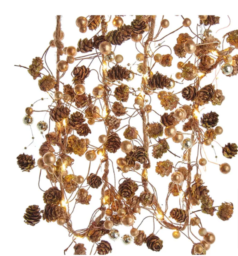 [BAT0319] 6LIGHTED GOLD PINECONE BERRY ROPE GARLAND W36