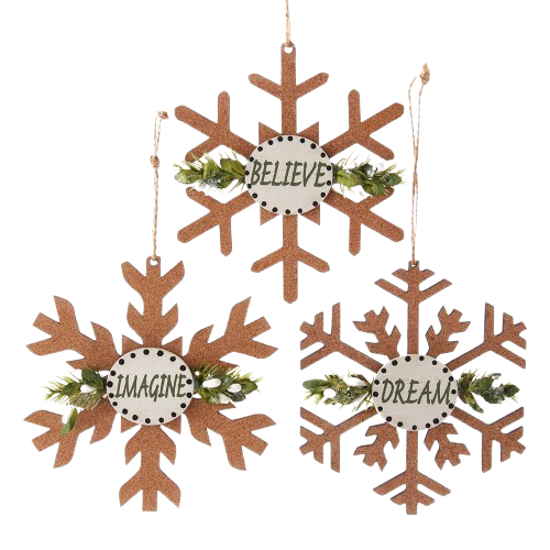 [086131648410] 4.5"WOODEN CORK SNOWFLAKE ORN W/SAGE GREENERY / INDIVIDUAL 
