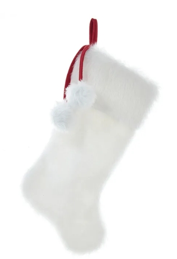 [SG0257] 20.5"WHITE FAUX FUR STOCKING W/FAUX FUR POM POMS.