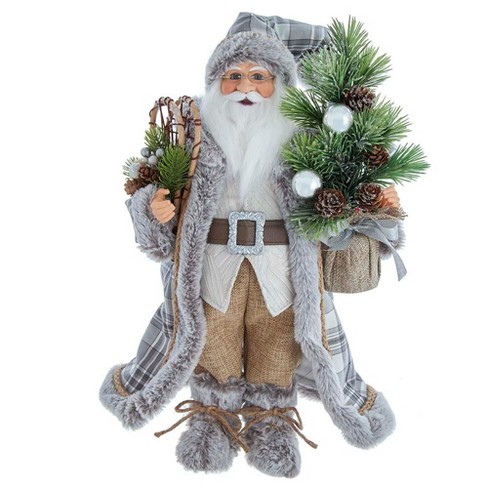 [086131602283] 17"NATURAL PLAID SANTA W/TREE & SNOWSHOES.