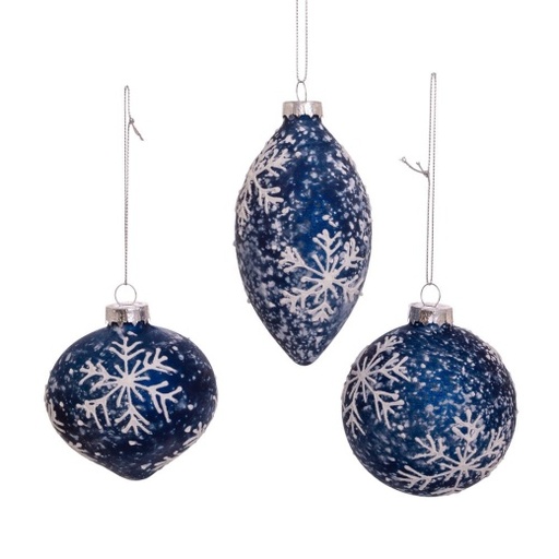 [086131601910] GLASS BALL, ONION & TEARDROP ORNS W/SNOWFLAKES