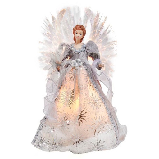 [086131557040] 16"FIBER OPTIC WHITE, SILVER & GRAY ANGEL TREETOP.