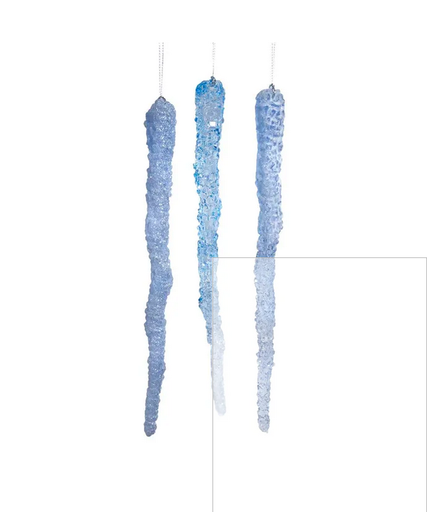 [086131545559] 9"PLASTIC CLEAR & BLUE ICICLE W/GLITTER ORN INDIVIDUAL