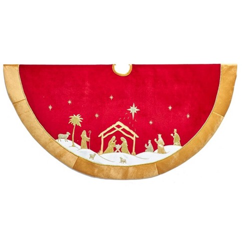 [086131516351] 48"VELVET RED & GOLD NATIVITY FAMILY TREESKIRT 