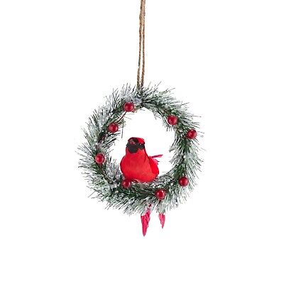 [086131506291] 6.3"ICED PINE WREATH W/RED BERRY & RED BIRD ORN 