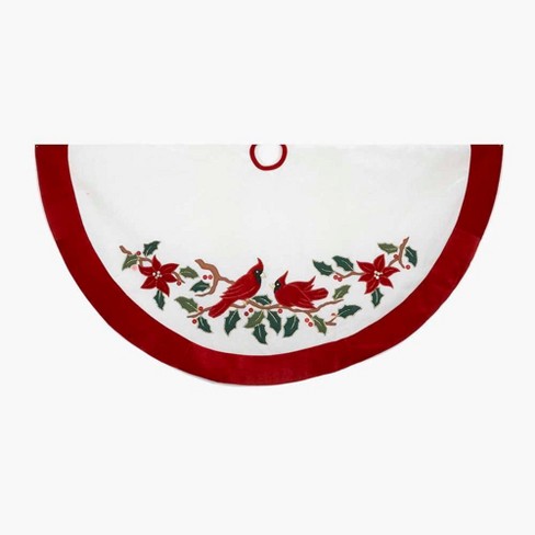 [086131206894] 48"VELVET WHITE W/CARDINALS TREESKIRT W/APPLIQUE 